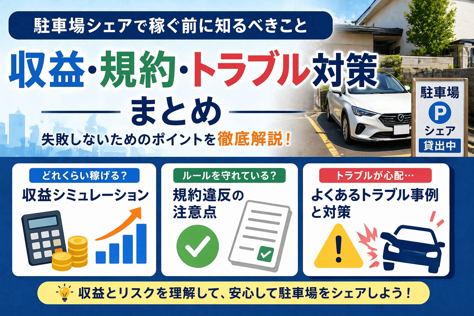 駐車場シェアで稼ぐ前に知るべきこと｜収益・規約・トラブル対策まとめ